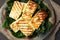 Cyprus fried halloumi cheese with healthy green salad. Lchf, pegan, fodmap, paleo, scd, keto diet