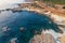 Cyprus nature landscape, aerial view of rocky coastline with blue sea water, travel and adventure concept