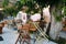 Cyprus, Paphos July 2020. Chairs collected from a closed bar terrace during coronavirus time.