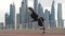 Cyr Wheel artist doing tricks slow motion wearing black and white smart clothes with cityscape background of Dubai