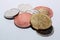 Czech coins of different denominations isolated on a white background. Lots of Czech coins. Macro photos of coins.