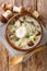 Czech homemade kulajda soup with potatoes, wild mushrooms, egg and dill close-up in a bowl. vertical top view