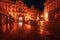 Czech Republic, Prague, Old Town Square - March, 10, 2022: Nigh city center illumination. Downtown area Evening lights.