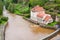 Czech republic, Talsperre Les Kralovstvi Forest Kingdom - May 15, 2021. Historic hydraulic water dam with orange water in river