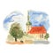 Czech small church watercolor illustration. Architectural poster hand drawing background