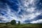 Czech summer landscape. Beautiful white clouds on the blue sky above the green meadow with trees. Wet rainy season. Wild nature,