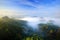 Czech typical morning autumn landscape. Hills and villages with foggy sky. Morning fall valley of Bohemian Switzerland park. Hills