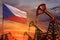 Czechia oil industry concept. Industrial illustration - Czechia flag and oil wells with the red and blue sunset or sunrise sky