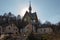 Czerna, Poland, April 21, 2023: Statue of Mary in front of the entrance to the Carmelite sanctuary in Czerna, Poland