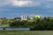 Czluchow, Pomeranian Voivodeship / Poland - June 16, 2019:. Grain silos, view across the lake. A small city in central Europe
