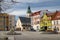 Czluchow, pomorskie / Poland - March, 31, 2019:  The market of a small town in Central Europe. Church and tenements in the city