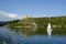 Czorsztyn Lake, yacht and ruins of Czorsztyn Castle in Poland