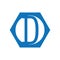 D logo with a blue octagon frame shape