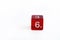 D6 transparent red dice for rpg, dnd, tabletop or board games on white background. Number 6