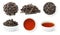 Da Hong Pao, Big Red Robe Oolong, collection of loose leaves and bowls of brewed Chinese tea isolated on white