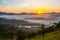 Da lat, lam dong, viet nam- feb 12, 2017: beautyful landscape of da lat city, a small vietnamese pagoda in fog and the pine hill