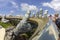 Da Nang, Vietnam - October 31, 2018: Tourists in Golden Bridge, a pedestrian footpath lifted by two giant hands, open in July 2018