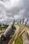 Da Nang, Vietnam - October 31, 2018: Tourists in Golden Bridge, a pedestrian footpath lifted by two giant hands, open in July 2018