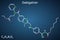 Dabigatran molecule. It is anticoagulant medication. Structural chemical formula on the dark blue background