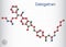 Dabigatran molecule. It is anticoagulant medication. Structural chemical formula and molecule model. Sheet of paper in a cage