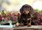 Dachshund brovn puppy and tan color portrait sitting retro  background