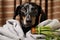 Dachshund dog with a bouquet of flowers in a towel, Dog dachshund, black and tan, relaxed from spa procedures on the face with