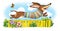 Dachshund dog jump fence flowers butterfly clouds