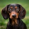 Dachshund dog portrait in a sunny summer day. Closeup portrait of a Dachshund dog in the field. Outdoor Portrait of a beautiful