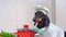 Dachshund dressed as a chef with a white hat and apron, standing by a red polka dot pot, ready to cook.