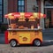 A dachshund dressed as a hot dog vendor with a tiny food cart and apron1