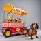 A dachshund dressed as a hot dog vendor with a tiny food cart and apron2