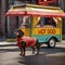 A dachshund dressed as a hot dog vendor with a tiny food cart and apron3