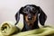 Dachshund puppy in a green towel on a light background, Dog dachshund, black and tan, relaxed from spa procedures on the face with