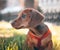 Dachshund puppy in a red leash sits in the green grass