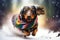 Dachshund running through the snow in colorful scarf. Generative AI