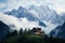 Dachstein mountain shrouded in fog with picturesque alpine houses