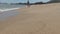 Dad and baby go on the beach. wave rolls ashore. the beach is smooth sand