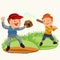 Dad in baseballcap with ball and glove hand playing with son baseball, boy player holding bat that would fight off blow