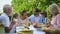 Dad bringing tempting fragrant chicken with crispy crust family lunch, recipe