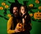 Dad and daughter in Halloween costumes. Girl and bearded man