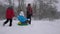 Dad and daughter sled their mom in the winter forest in snowfall. happy parents and baby play in christmas park. Family