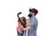 Dad and girl virtual reality. Imagination and cyber space. Future technologies. Modern technology. Digital innovation