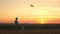 Dad with his little daughter playing with a kite at sunset in park. Outdoor family game. Dad and healthy daughter launch