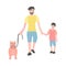 Dad and his son are walking the dog. A man with a little boy goes and holds a leash with a dog