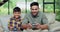 Dad, kid and play video game, smile and competition in home living room together. Tv tech, father and child on