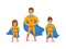 Dad and kids, cute boy and girl playing superheroes,dressed in super hero costumes