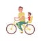 Dad with little boy riding on bicycle. Happy family. Father spending time with his son. Outdoor activity. Flat vector