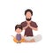 Dad and little daughter are sitting doing meditation. Isolated. Cartoon style.