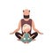 Dad and little daughter are sitting meditating in the lotus position. Isolated. Cartoon style.