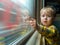 Dad, look - the train! A little blond-haired boy of three years rides on a train, eats candy and looks out the window